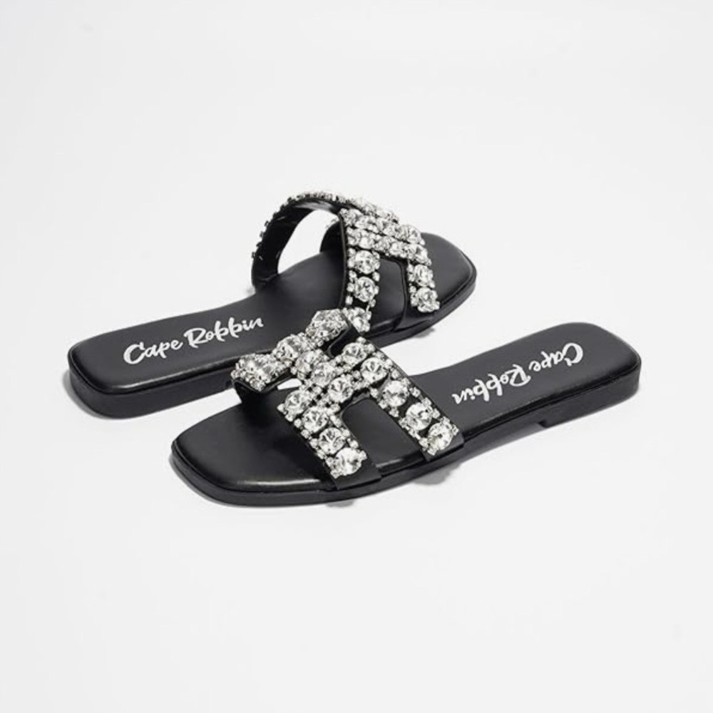 Cape Robbin Black Sandals with Rhinestone Accents